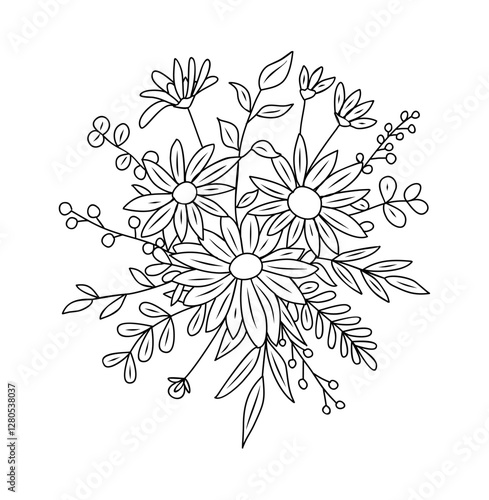 Wallpaper Mural Bouquet with daisy, tiny wild flowers and plants line art vector botanical illustration. Trendy greenery hand drawn black ink sketch. Modern design for logo, tattoo, wall art, branding and packaging. Torontodigital.ca