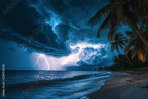 Dark Storm Clouds Loom Over Tropical Beach With Lightning Striking Near the S...