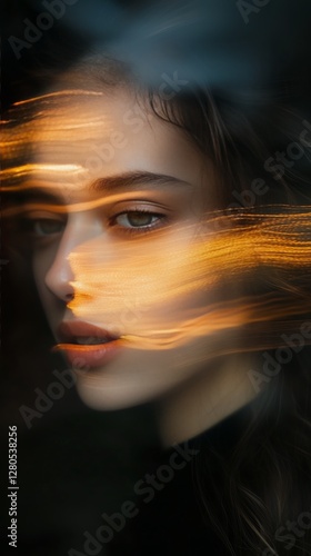 Portrait of a Woman With Artistic Light Streaks Captured at Dusk in a Natural...