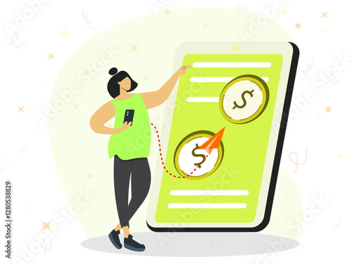 A woman using smartphone to transfer money via mobile banking. Payment, transaction, account, balance, deposit, withdrawal, pay, bill, invoice, fredit, debit, card, wallet, app, digital. 