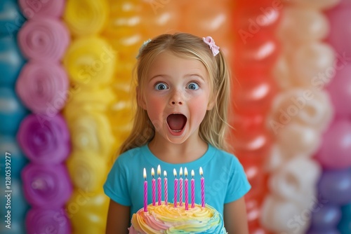 Young Girl Celebrates Birthday With Cheerful Expression and Colorful Cake in ...