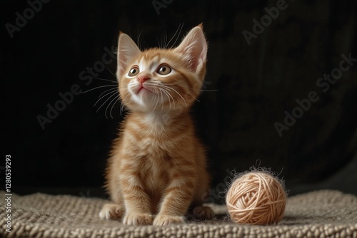Cute Orange Kitten Playing With a Small Ball of Yarn in a Cozy Indoor Setting...