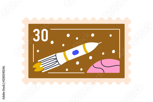Space ship, post stamp design. Rocket launch, cosmos shuttle in universe, pos...