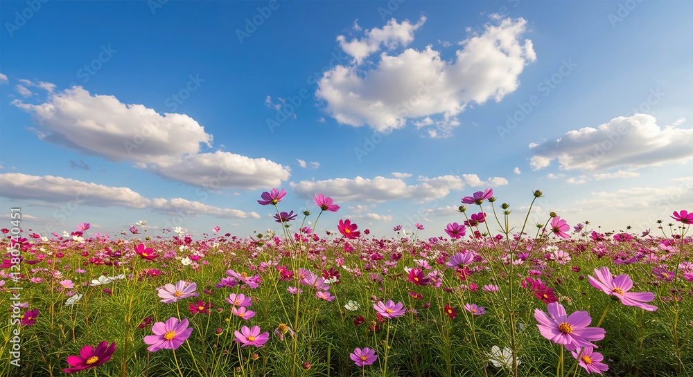 cosmos flower field with blue sky background. cosmos flower field with blue sky background.