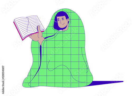 Cozy reader wrapped in blanket with book 2D cartoon character. Quiet lifestyle. Literary escape. Latin american man bookworm isolated person flat vector on white background. Spot illustration colorful