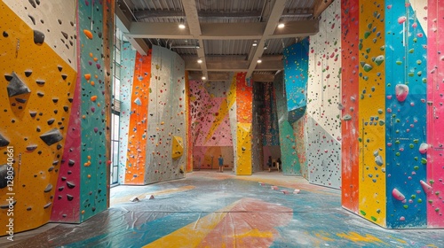 Enthusiastic climbers tackle colorful indoor climbing walls, each uniquely designed with various routes. The facility buzzes with energy on a sunny weekend afternoon, encouraging fitness and fun. photo