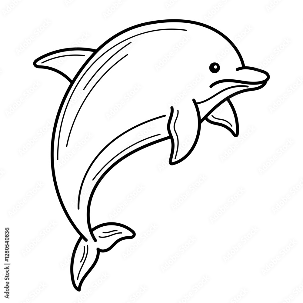 Fototapeta premium Dolphin in black and white, outline drawing captures a graceful leap in a dynamic and elegant way. Perfect for aquatic themed designs and coloring book for kids