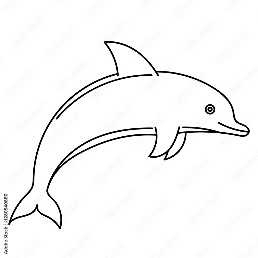 Fototapeta premium Dolphin in black and white, outline drawing captures a graceful leap in a dynamic and elegant way. Perfect for aquatic themed designs and coloring book for kids