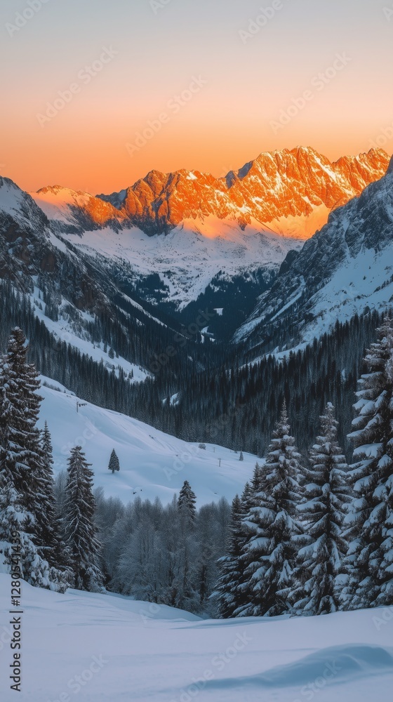 Fototapeta premium Majestic Snow-Capped Mountain Range Bathed in Golden Sunrise Light During Winter Season
