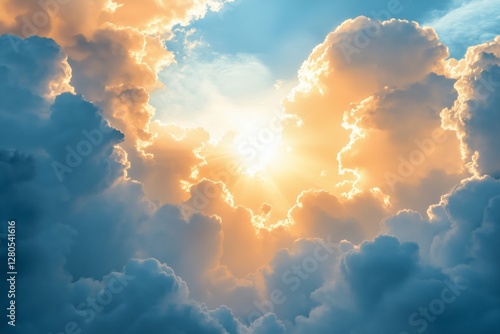 Dramatic Sunset Sky With Sun Rays Illuminating Fluffy Clouds in a Serene Atmo...