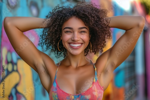 Smiling Young Woman Poses Confidently Against Vibrant Graffiti Backdrop in Su...