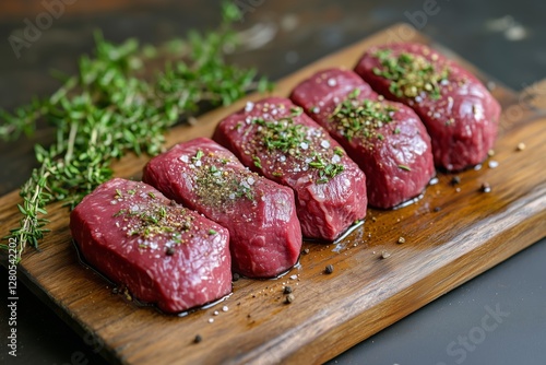 Gourmet Beef Steak Slices Garnished With Herbs on Wooden Board Ready for Serving