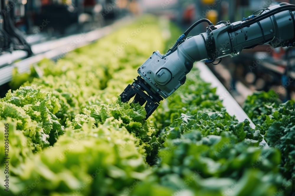 Robotic Arm Harvesting Fresh Lettuce in a Modern Agricultural Facility During Daytime Robotic Arm Harvesting Fresh Lettuce in a Modern Agricultural Facility During Daytime
