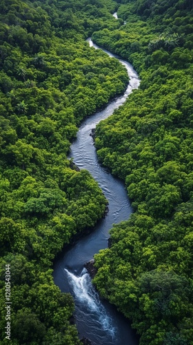 Serene Winding River Flows Through Lush Green Landscape Surrounded by Vibrant...