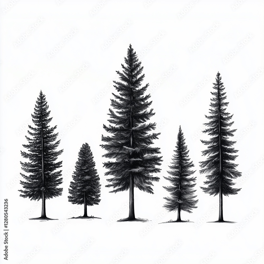 Obraz premium Minimalist vector illustration of five palm trees, each with its own distinct silhouette, arranged in an orderly fashion on the left side against a white background.