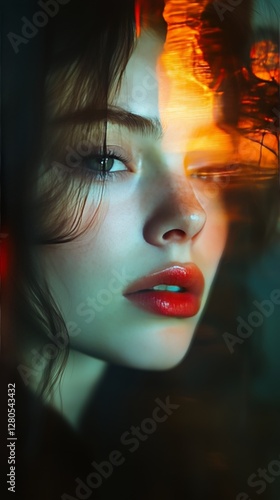 Portrait of a Woman With Artistic Light Streaks Captured at Dusk in a Natural...