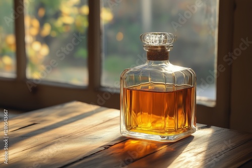 Warm Golden Liquid in a Glass Bottle on a Wooden Table Near a Sunlit Window