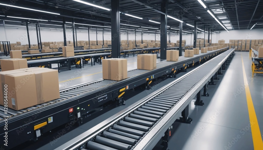 Fototapeta premium Automated package handling process warehouse industrial photography indoor wide angle efficiency
