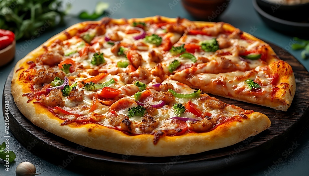 Delicious pizza with chicken, vegetables, and cheese on wooden board Delicious pizza with chicken, vegetables, and cheese on wooden board