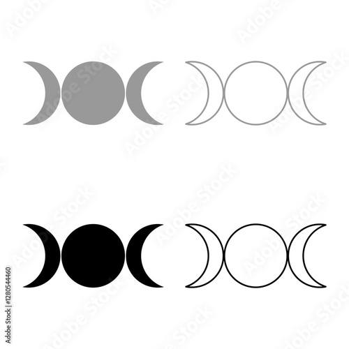 Simbol triple goddess religious sign moon phases wiccan set icon grey black color vector illustration image solid fill outline contour line thin flat style