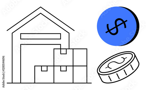 Warehouse with stacked boxes, blue circle containing dollar sign, coin icon. Ideal for logistics, storage, finance, investment, economy e-commerce business concepts. Minimalistic abstract line