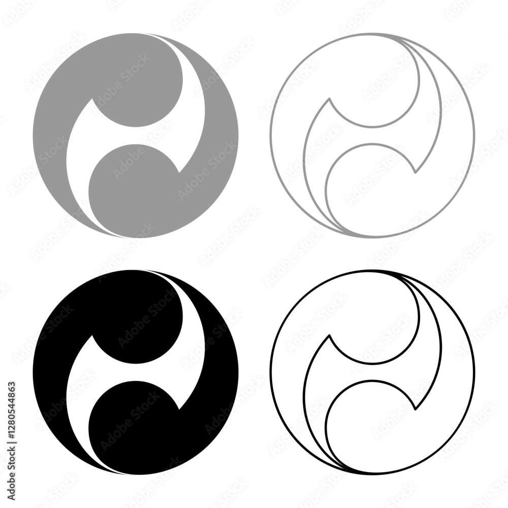 Tomoe symbol religious sign Japanese religions Oriental two petal set icon grey black color vector illustration image solid fill outline contour line thin flat style Tomoe symbol religious sign Japanese religions Oriental two petal set icon grey black color vector illustration image solid fill outline contour line thin flat style