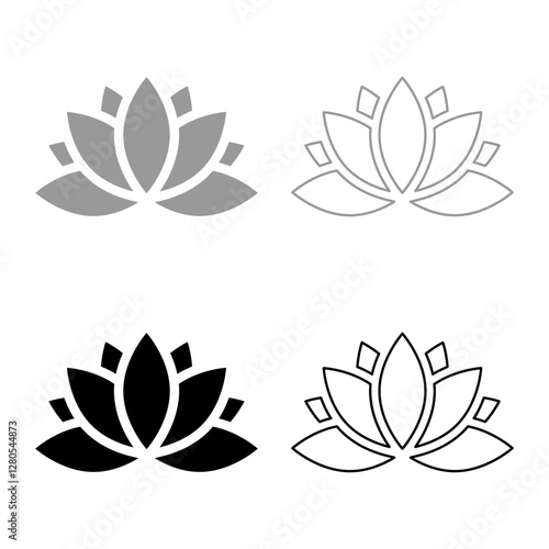 Lotus lily water flower set icon grey black color vector illustration image solid fill outline contour line thin flat style