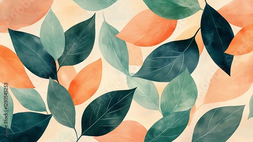 Watercolor leaves pattern, peach, teal, green foliage background.