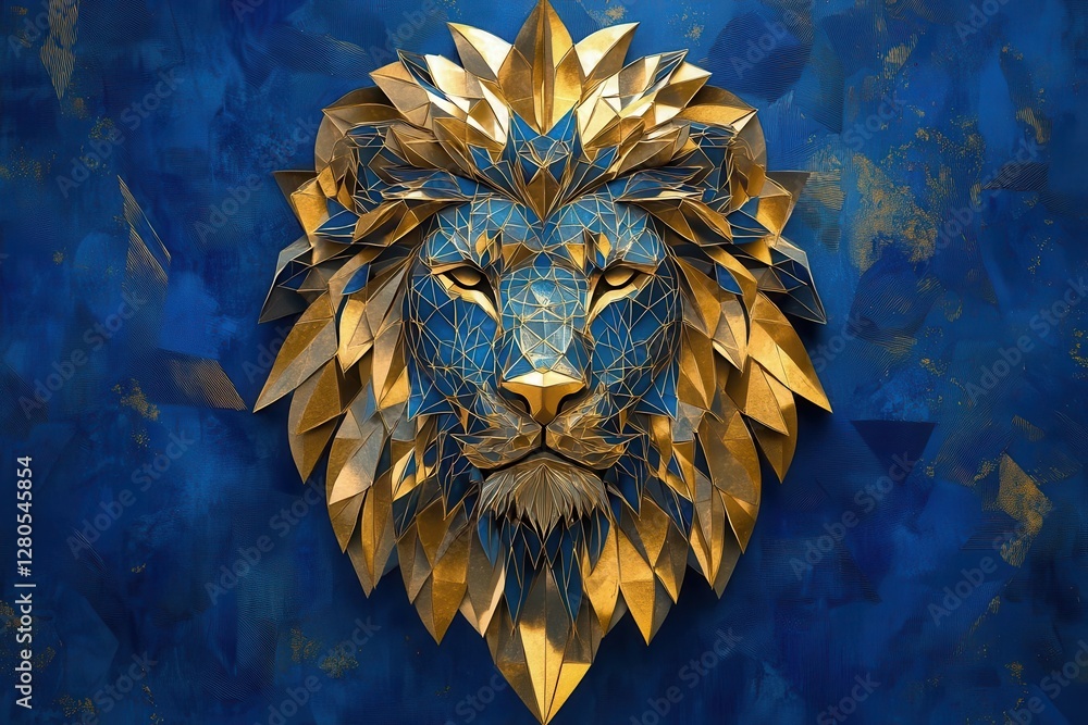 majestic geometric lion head composed of intricate sacred geometry patterns, metallic gold and royal blue color scheme