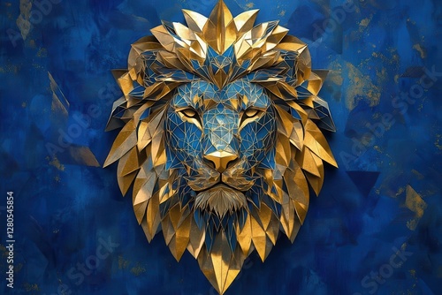 Obraz na płótnie majestic geometric lion head composed of intricate sacred geometry patterns, metallic gold and royal blue color scheme w salonie
