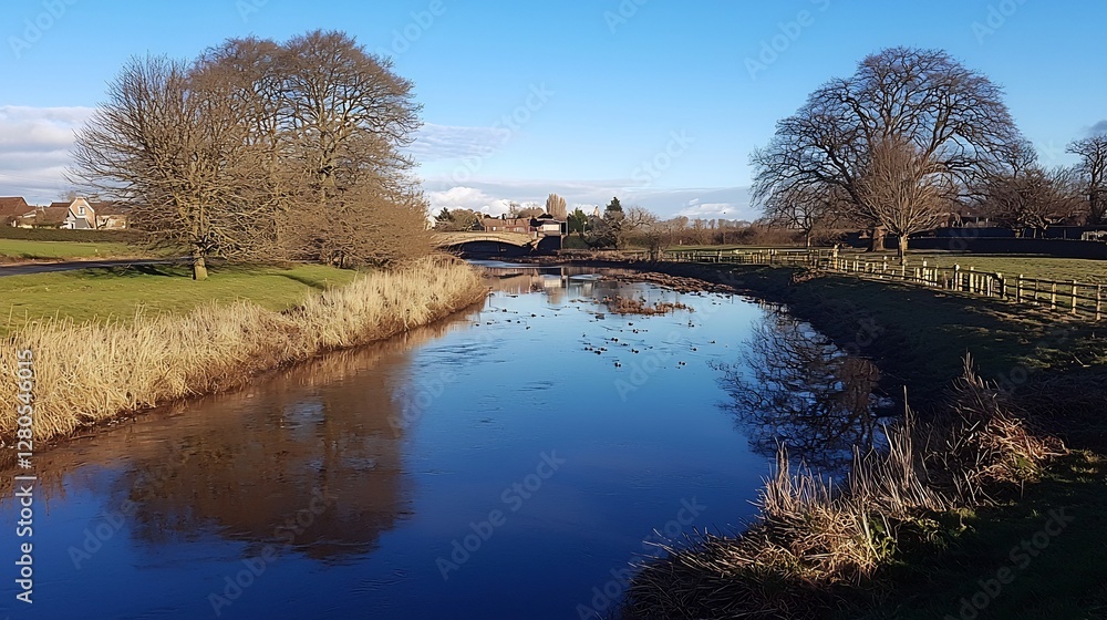 Picturesque River Scene with Bare Trees and Bridge Under a Blue Sky Picturesque River Scene with Bare Trees and Bridge Under a Blue Sky