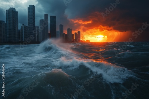Dramatic Sunset Behind a City Skyline With Turbulent Ocean Waves in the Foreg...