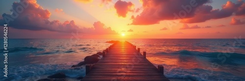 Sunset over tranquil ocean, long wooden path leads to horizon , orange, amazing, idyllic