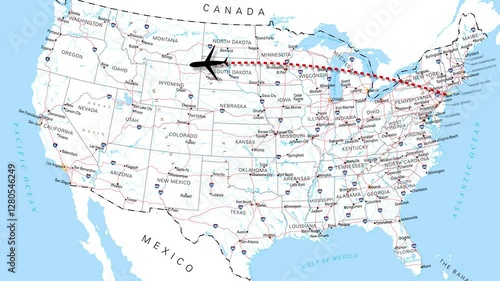 Airplane flying over United States map from New York to San Francisco