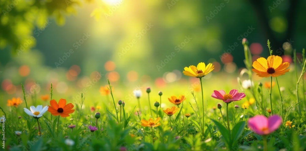 Vibrant wildflowers in lush meadow, sunlight dappled , stem, sunlight Vibrant wildflowers in lush meadow, sunlight dappled , stem, sunlight