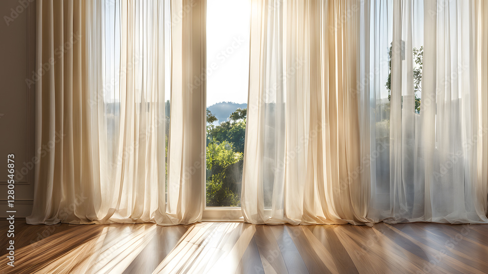 A large window with white curtains is open, letting in the sunlight A large window with white curtains is open, letting in the sunlight