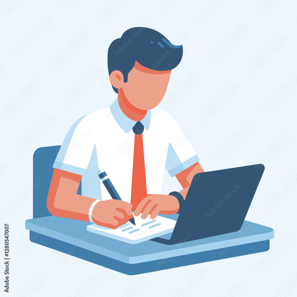 Office Worker in Flat Illustration Style Focused on Tasks at Desk with Laptop Office Worker in Flat Illustration Style Focused on Tasks at Desk with Laptop