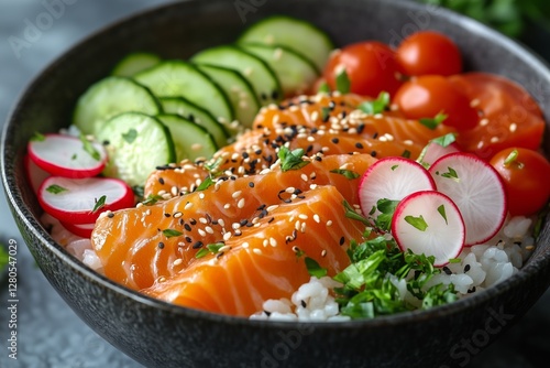 Fresh Salmon Poke Bowl Served With Vegetables and Rice in a Stylish Bowl