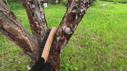 Spring work in the orchard. Stripping tree bark before painting.