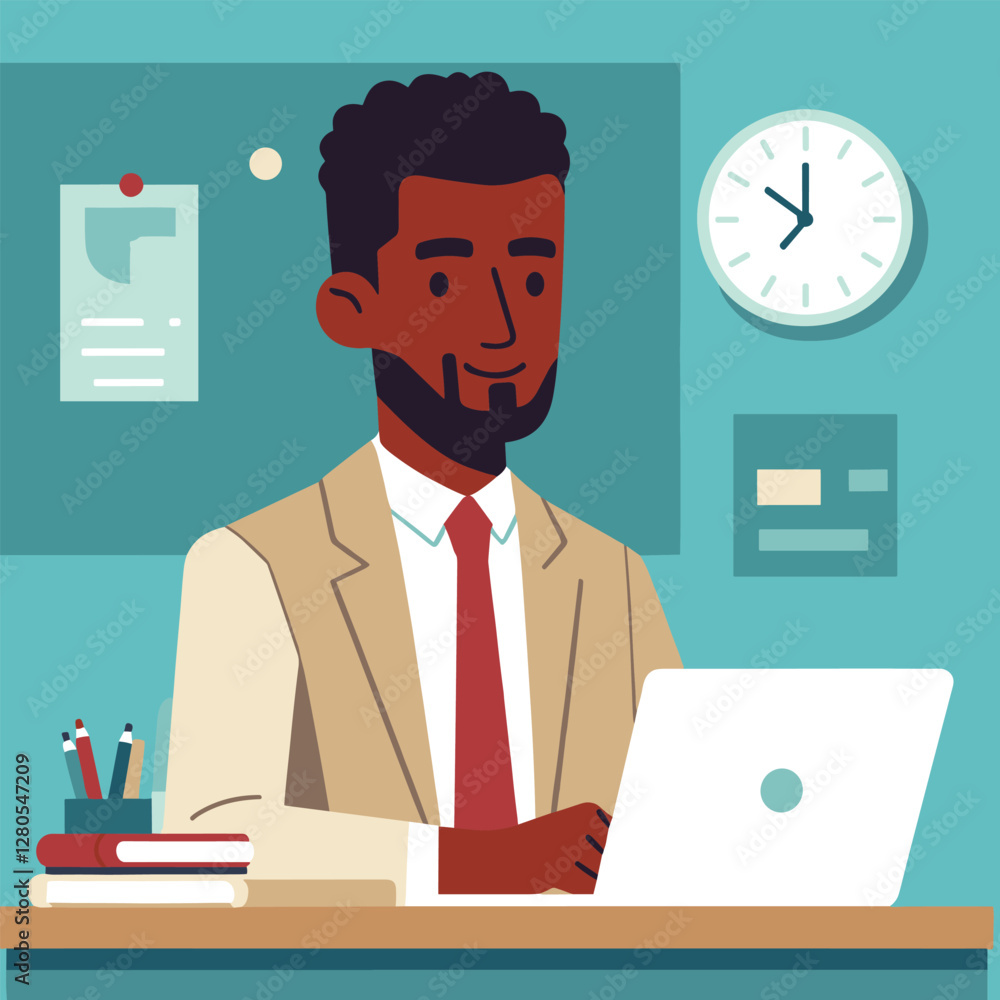 Business Professional at Desk with Laptop in Modern Office - Flat Illustration Business Professional at Desk with Laptop in Modern Office - Flat Illustration