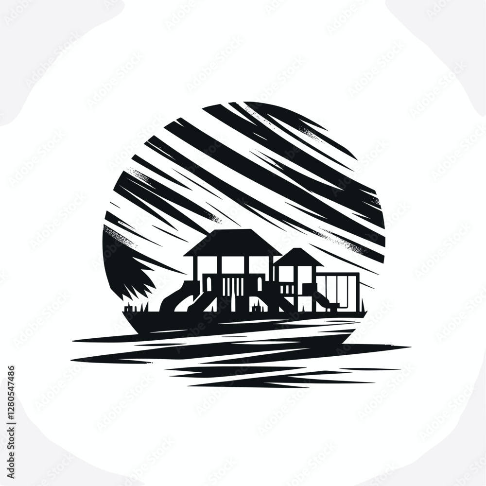 Fototapeta premium Monochrome Coastal Landscape with Beach Cabins in Circular Design - Black and White Art