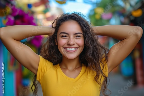 Smiling Young Woman Poses Confidently Against Vibrant Graffiti Backdrop in Su...