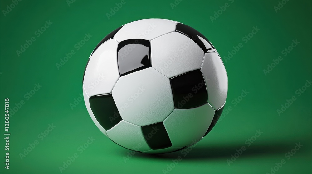 Soccer ball with a glossy finish set against a deep green background, showcasing its sporty appeal Soccer ball with a glossy finish set against a deep green background, showcasing its sporty appeal