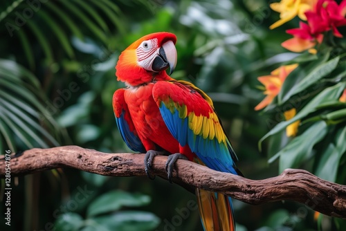 Colorful Parrot Perched on Branch Surrounded by Vibrant Tropical Foliage in a...