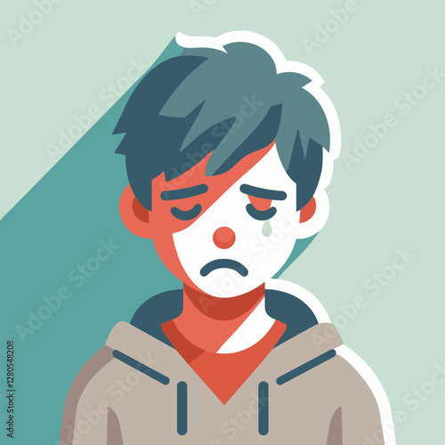 Sadness and Loneliness Expressive Portrait of a Tearful Boy in Flat Illustration