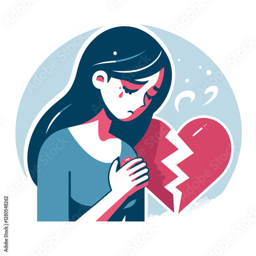 Heartbreak and Emotion Expressive Flat Illustration of Sad Woman and Broken Heart