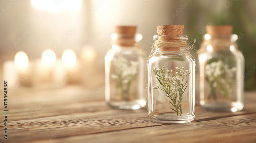 Delicate white cutter flowers preserved in glass jars, corked and twine wrapped, nestled on weathered wood beside flickering candles creating soft, intimate lighting Delicate white cutter flowers preserved in glass jars, corked and twine wrapped, nestled on weathered wood beside flickering candles creating soft, intimate lighting