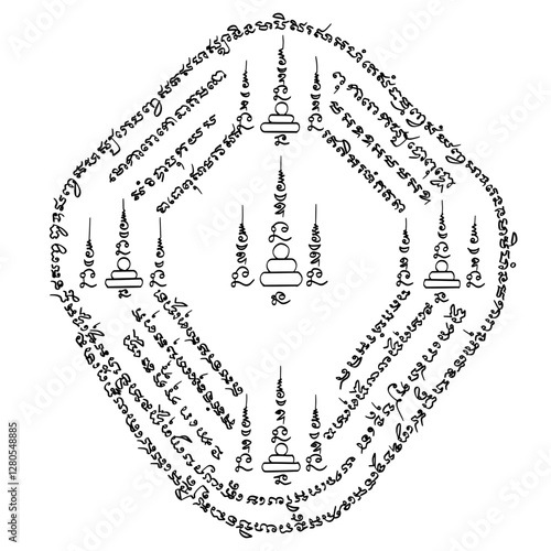 Yant Kroh Phet Noi - a smaller version of the traditional. Thai text translation: protective magical talisman. Thai textsacred geometric patterns, Buddhist prayers, and mystical symbols.
