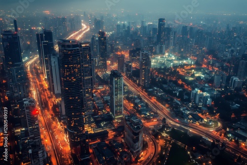 Stunning Cityscape at Twilight Showcasing Illuminated Skyscrapers and Busy Ro...