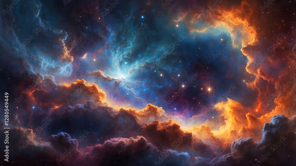 A vibrant and colorful cosmic scene, showcasing a nebula with swirling clouds of gas and dust A vibrant and colorful cosmic scene, showcasing a nebula with swirling clouds of gas and dust